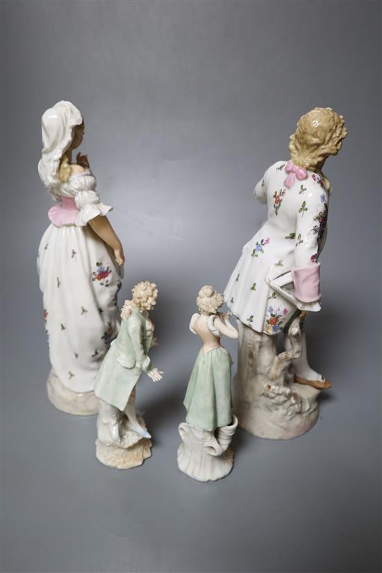 Two pairs of Continental porcelain figures of a man and woman, 15cm and 26cm
